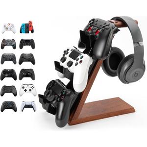 3 Tier Wood Controller Stand Compatible with PS4 PS5 ONE Switch,ps5 Controller Holder Headset pc Gaming Accessories,Video Game Controller Holder for Desk(Brown Wood)