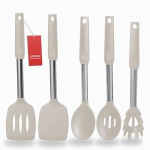 Silicone Spatula and Cooking Spoon,5 Pack Non-Stick Cooking Utensils for Kitchen，Heat Resistant Solid & Slotted Spoons and Spatulas, Stainless Steel Handle Coated with Silicone, Khaki