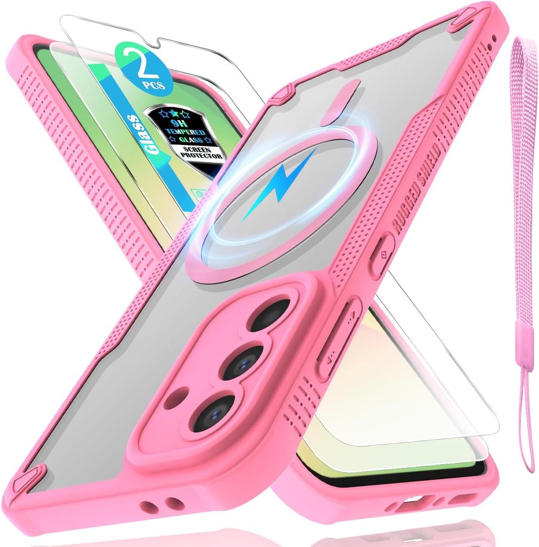 for Samsung Galaxy A56 Case with Magsafe Magnetic Slim Shockproof Protective Case,Translucent Matte Back with Lanyard Strap and 2*9H Tempered Glass Screen Protector Phone Cover 6.7-Inch-Pink