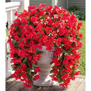 Faux Bougainvillea Artificial Flowers Plants for Outdoor Outside Decoration,  PCS Red Fake Flowers UV Resistant Look Real Silk Long Trailing Vines for Front Door Porch Planter Urn Patio Garden Yard