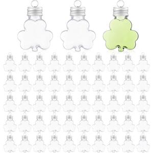 50 Pcs 50 ml Lucky Hanging Clover Bottles Mini Clover Shaped Beverage Bottles Paired with DIY Shamrocks Ornament for Party Favors, Drink Containers, Gift Supplies (Clear)