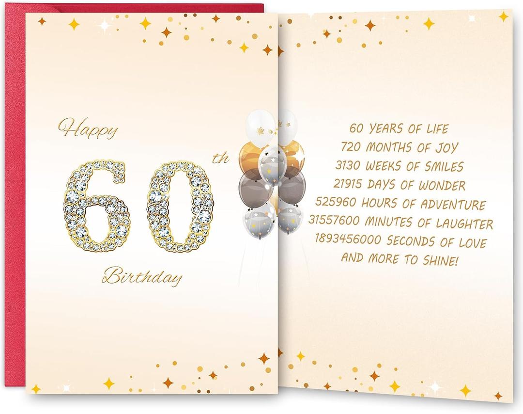 3 x 60th Birthday Card Gift for Women Men, Happy 60th Birthday Diamond Card Decorations, Funny 60 Years Old Birthday Gift for Husband Wife Mom Dad Sister Friends