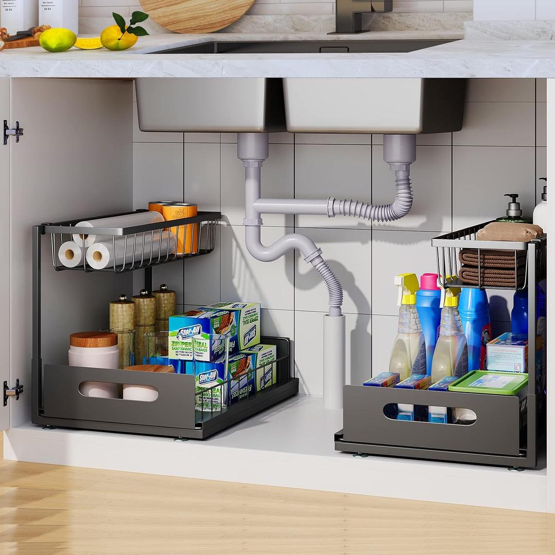 2 Pack Under Sink Organizer, 2 Tier Pull-Out Cabinet Storage Shelf, Rust-Resistant Metal Organizer for Kitchen Bathroom Laundry Room, No Tools Installation, Black
