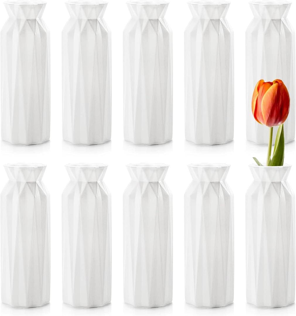 ZOOFOX 10 Pack Composite Plastic Flower Vase, 8" Plastic Vases for Centerpieces, White Unbreakable Vase for Wedding Dinner Table Party Living Room Office Bedroom Decor, Origami Design