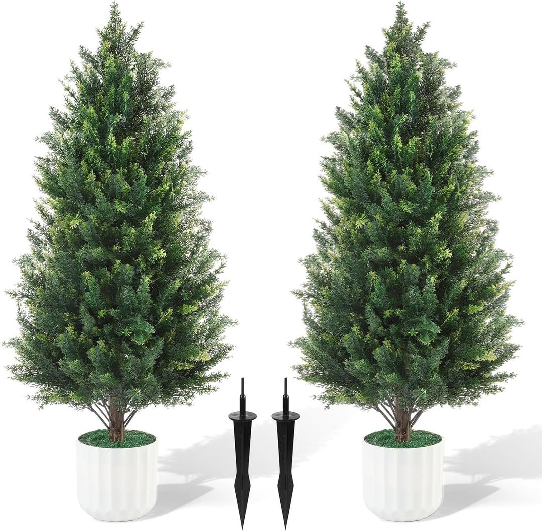3FT Artificial Cedar Topiary Trees Set of 2 Detachable Planter & Spike,UV Resistant Faux Plants Outdoor and Indoor,Realistic Fake Bushes Pine Tree for Front Porch Decor Patio Offices Living Room (Green)