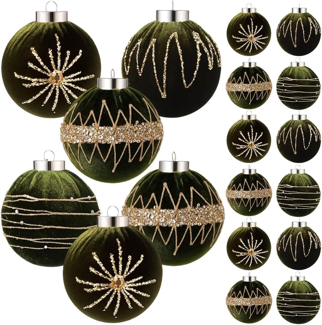 12 Pcs Velvet Vintage Christmas Ornaments 3.2 Inches Large Neutral Flocked Ball Hanging Ornament Xmas Balls Set for Christmas Tree Decorations Party Hanging Decor (Green)