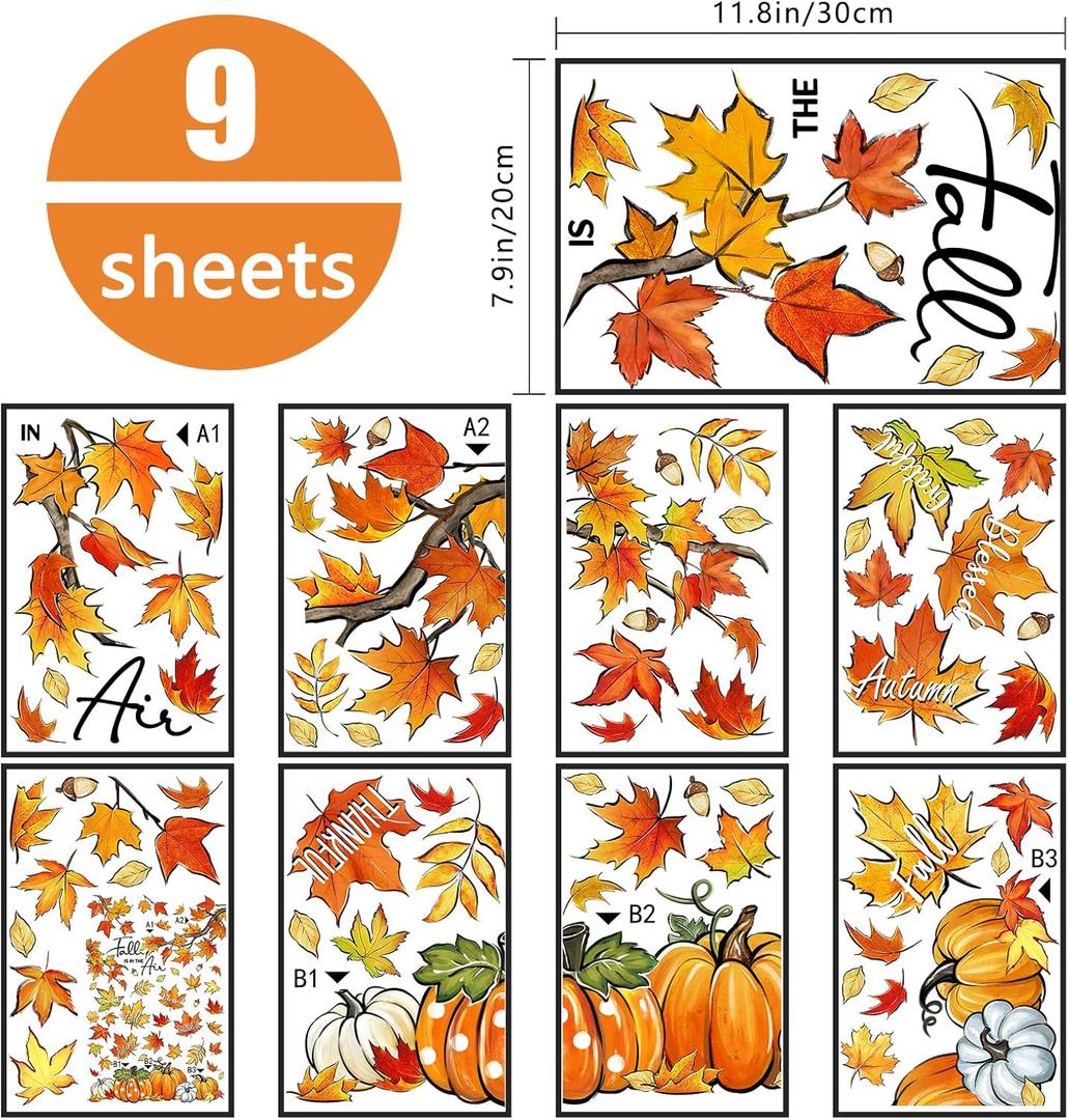 Yovkky Fall is in The Air Maple Leaves Window Clings 9 Sheets, Autumn Pumpkin Patch Thankful Grateful Farmhouse Stickers Decals Decor, Blessed Thanksgiving Home Kitchen Decorations,  Fall Maple Leaves
