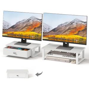 WOHOMO Dual Monitor Stand Riser with Drawers, Desk Organizers for 2 Monitors, Desktop Storage Stand for Computer,Laptop,White