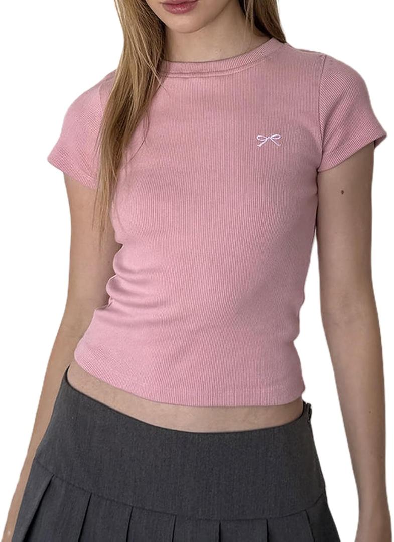 Women Y2K Crop Tops Short Sleeve Ribbed Knit Shirts Cute Bow Embroidery Tee Shirts Teen Girls Slim Fitted Baby Tees (Large, Pink)
