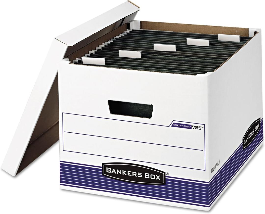 Bankers Box Hang'n'stor Medium-Duty Storage Boxes, Letter/Legal Files, 13" X 16" X 10.5", White/Blue, 4/Carton