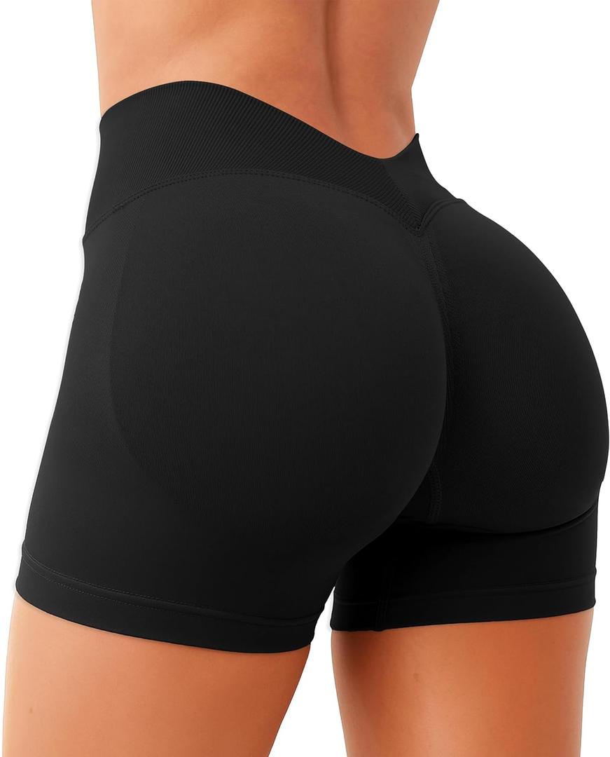 Unthewe Womens Seamless Workout Shorts Scrunch Butt Lifting High Waist V Back Gym Biker Shorts (Small, Black)