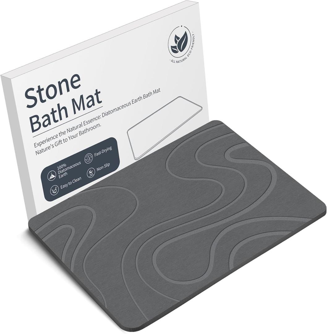 Stone Bath Mat Diatomaceous Earth Shower Mat Non-Slip Super Absorbent Diatomite Stone Bath Mats for Bathroom Floor Quick Drying Natural Easy to Clean(23.6''15.4" Gray) (Line2-grey)