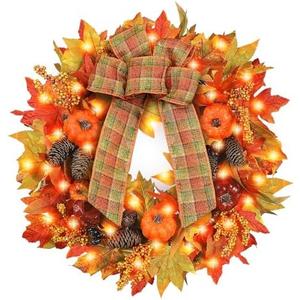 Fall Door Wreaths with Lights, 24 inch Large Farmhouse Pumpkin Wreath with Bow for Autumn Wreaths for Front Door Outside Table Centerpiece Thanksgiving Harvest Decor