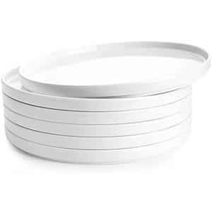 Sweese Porcelain Flat Dinner Plates Set of 6, 10.5 Inch High Edge Dish Set - Dishwasher, Microwave, Oven Safe, Scratch Resistant, Kitchen Serving Dishes - Elegant White Glaze