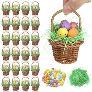 24 Pcs Mini Easter Eggs Basket Set Small Woven Wicker Baskets with Pastel Easter Eggs Green Raffia Grass Foam Speckled Egg Spring Decorations Party Favors