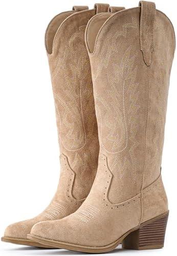 IUV Suede Cowboy Boots For Women Chunky Heel Pointed Toe Cowgirl Boots Mid Calf Western Embroidery Boots 9.5