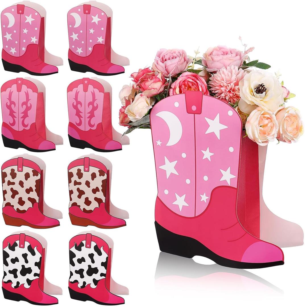 8 Set Western Cowgirl Boots Flower Boxes Centerpiece Boot Shape Gift Boxes Party Decoration Vase Centerpieces for Tables for Rodeo Birthday Baby Shower Wedding Supplies