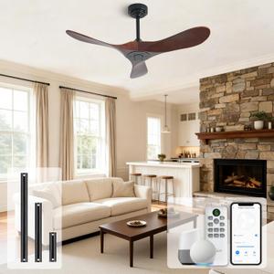 Outdoor Ceiling Fan Without Light, 42Inch Smart Ceiling Fan with Remote & Voice Control for Alexa/Google, 3-Blade Wood Fan, Quiet DC Motor, 6 Speeds for Patio, Porch, Farmhouse, Dark Walnut