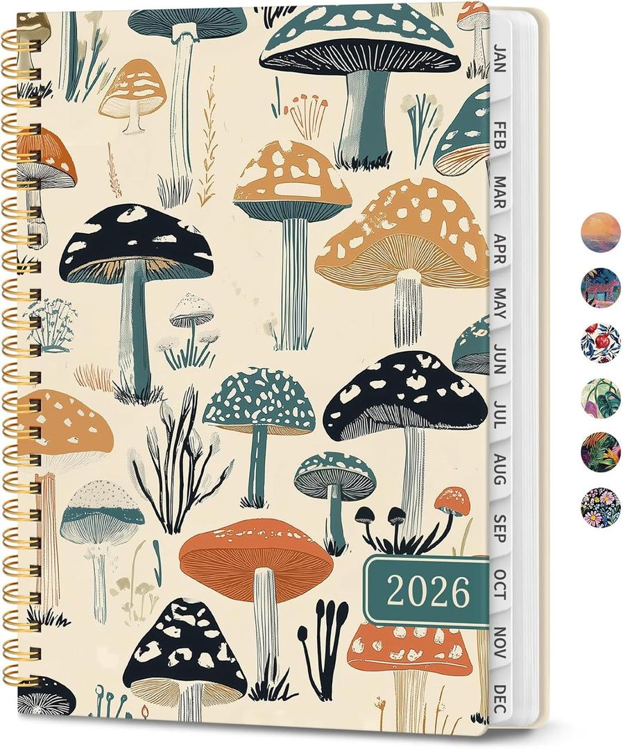 2026 Planner, Weekly and Monthly Calendar Planner for Women, Jan 2026 - Dec 2026, Hardcover Planning Agenda book with Tabs, Spiral Bound, Inner Pocket, Perfect for School Office Supplies, 8.5" x 11" - Mushrooms Grove