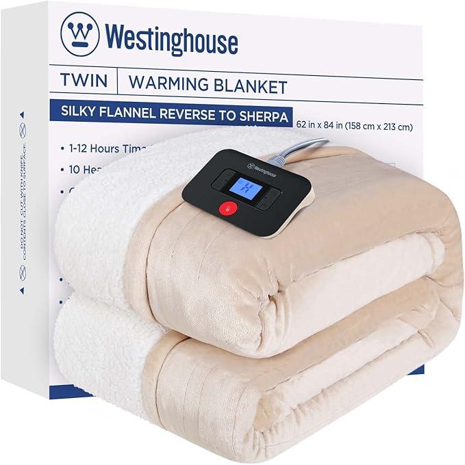 Westinghouse Electric Blanket Twin, Heated Blanket Twin Size with 10 Heating Levels and 1 to 12 Hours Heating Time Settings, Flannel to Sherpa Reversible, Machine Washable (62" x 84", Beige)