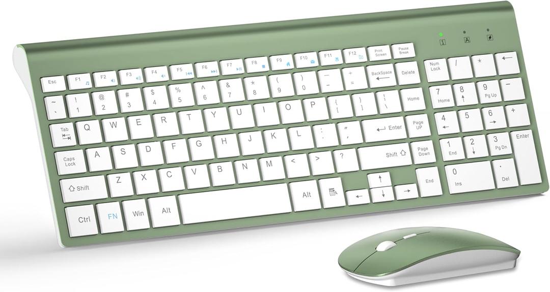 Wireless Keyboard and Mouse Ultra Slim Combo, TopMate 2.4G Silent Compact USB 2400DPI Mouse and Scissor Switch Keyboard Set with Cover, Batteries Included, for PC/Laptop/Windows/Mac - Green White