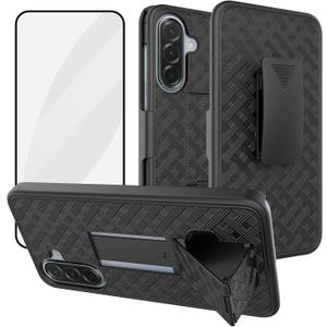 Ailiber for Samsung Galaxy S25 FE Case, Samsung S25 FE Belt Clip Case Holster with Tempered Glass Screen Protector, Swivel Kickstand Holder, Slim Shockproof Slide Shell Pouch Cell Phone Cover-Black