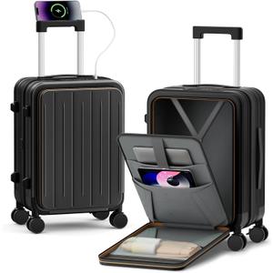 20 Inch Expandable Carry on Luggage Airline Approved with Front Pocket | Hardshell Suitcase, Cup Holder, Laptop Compartment, USB Charging Port, Brake Spinner Wheels, TSA Lock for Travel