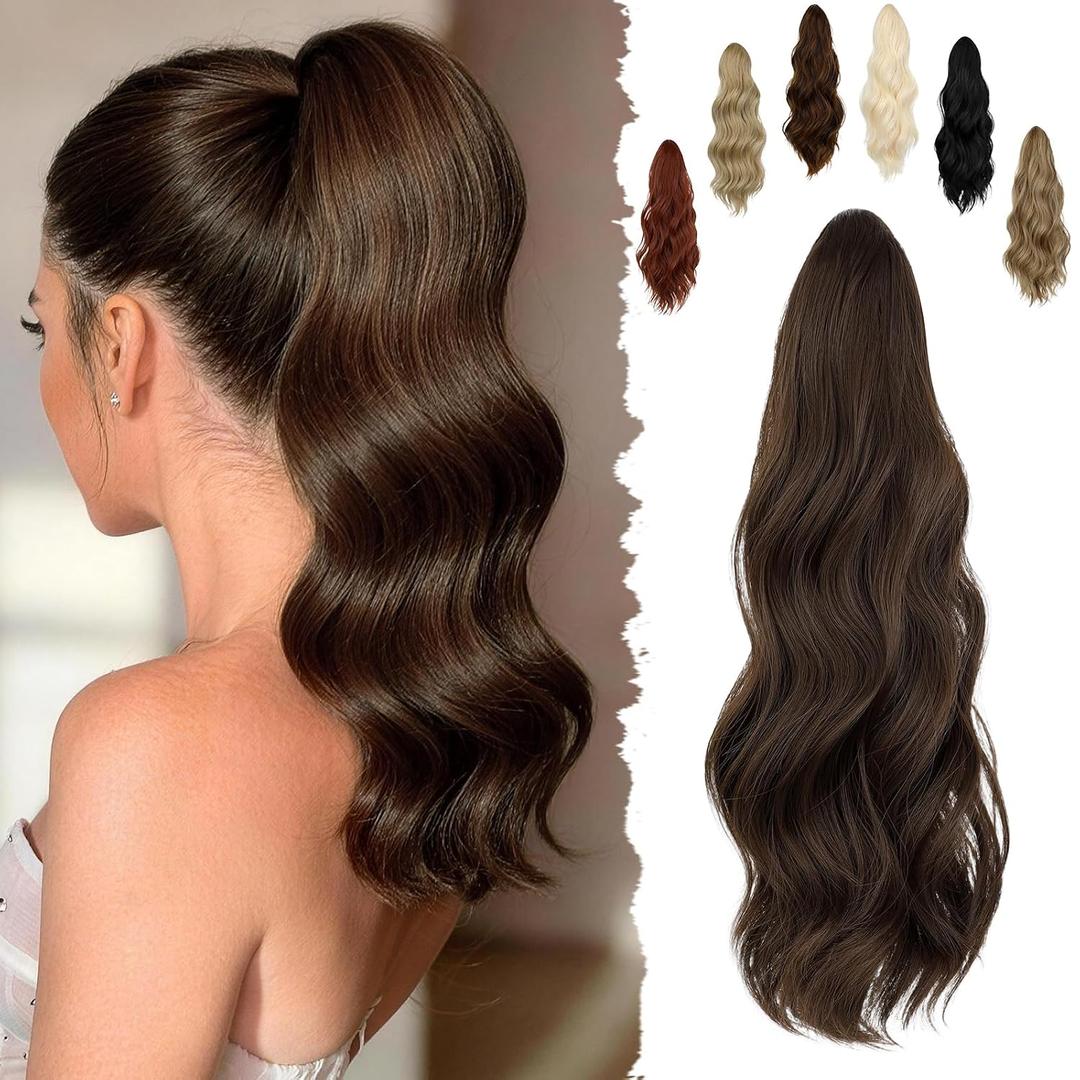 FELENDY 16" Ponytail Extension Long Curly Wavy Ponytails Clip in Claw Hair Extension Pony Tails Natural Looking Synthetic Hairpiece for Women Medium Brown
