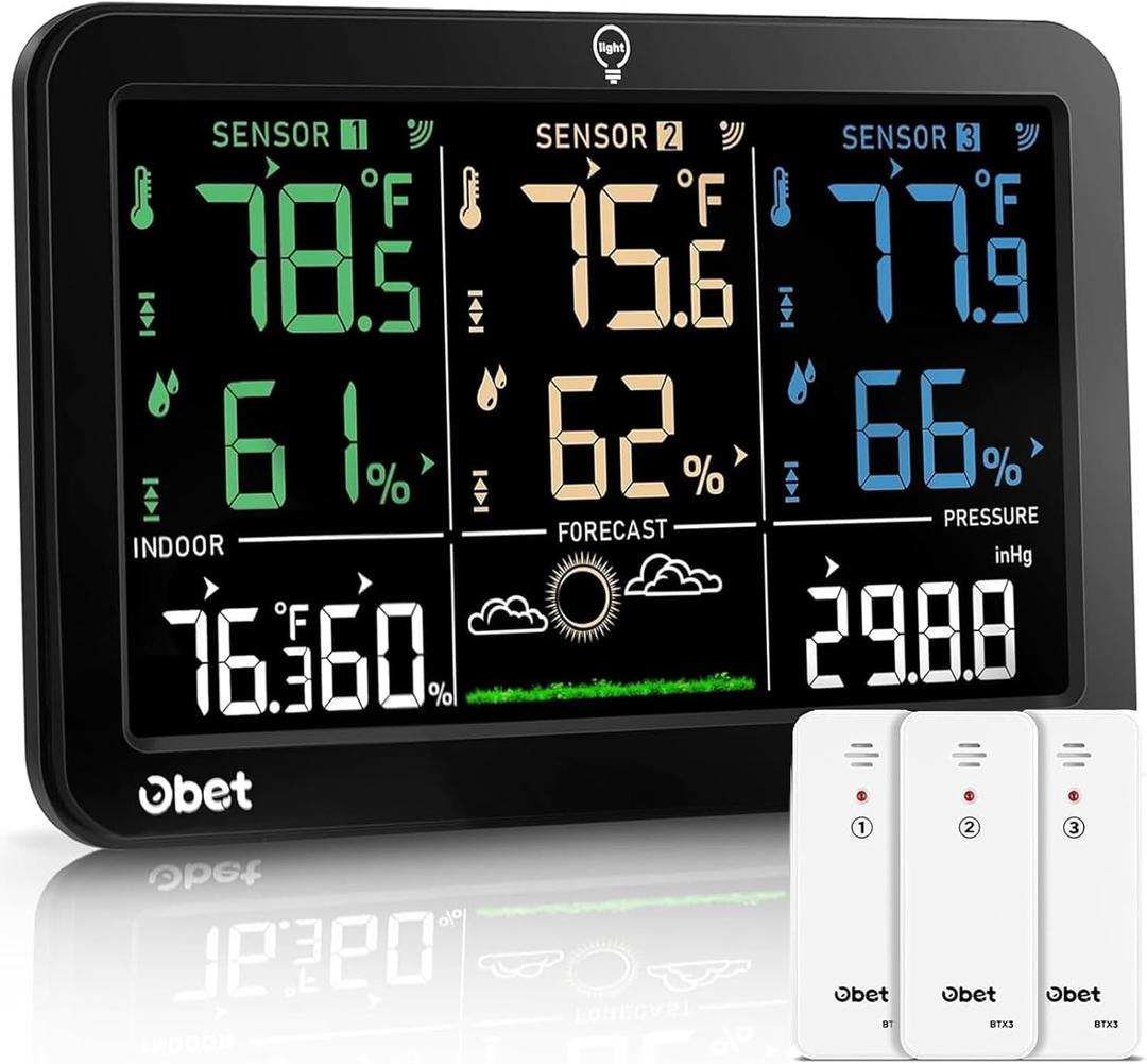 OBET Weather Station Wireless Indoor Outdoor Thermometer Wireless, Color Display Digital Temperature and Humidity Monitor with 2 Sensors, Alerts, Adjustable Backlight, USB Port (500 Feet)