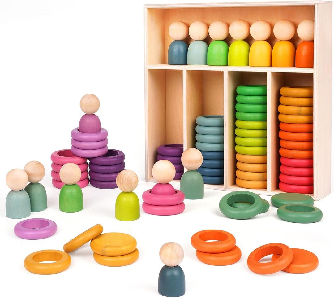 Montessori Toys Wooden Color Sorting Stacking Rings Toy Rainbow Wooden Peg Dolls Counting Toys Circular Building Blocks Stacking Game Preschool Learning Education Fine Motor Skill Toys for Toddlers
