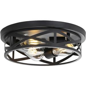 Farmhouse Cage Ceiling Light Fixtures, 3-Light Indoor Close to Ceiling Lights, 13 Inch Round Vintage Metal Flush Mount Ceiling Lights for Bedroom, Living Room, Porch Kitchen Entrance, Black
