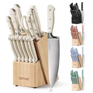 Carote 14 Pieces Knife Set with Wooden Block Stainless Steel Knives with Ergonomic Handle, Forged, White