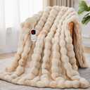 Heated Blanket Throw with 1/2/4/6/8 Hours Auto-Off 10 Heat Level, 50'' * 60'' Cozy Faux Rabbit Fur Bubble Electric Blanket with Overheat Protection(Beige)