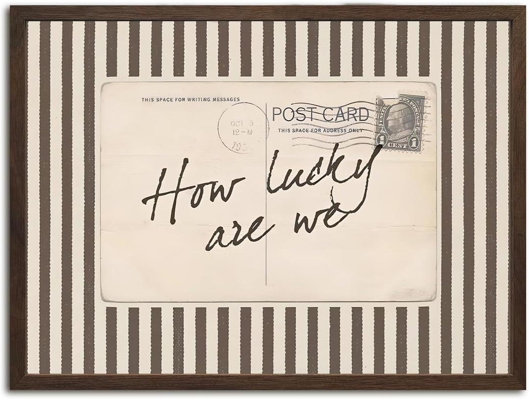 How Lucky Are We Wall Art Vintage Striped Letter Postcard Wall Decor Picture Trendy Preppy Inspirational Quote Poster Canvas Painting Print for Living Room Bedroom 16x24 inch Walnut Wood Framed