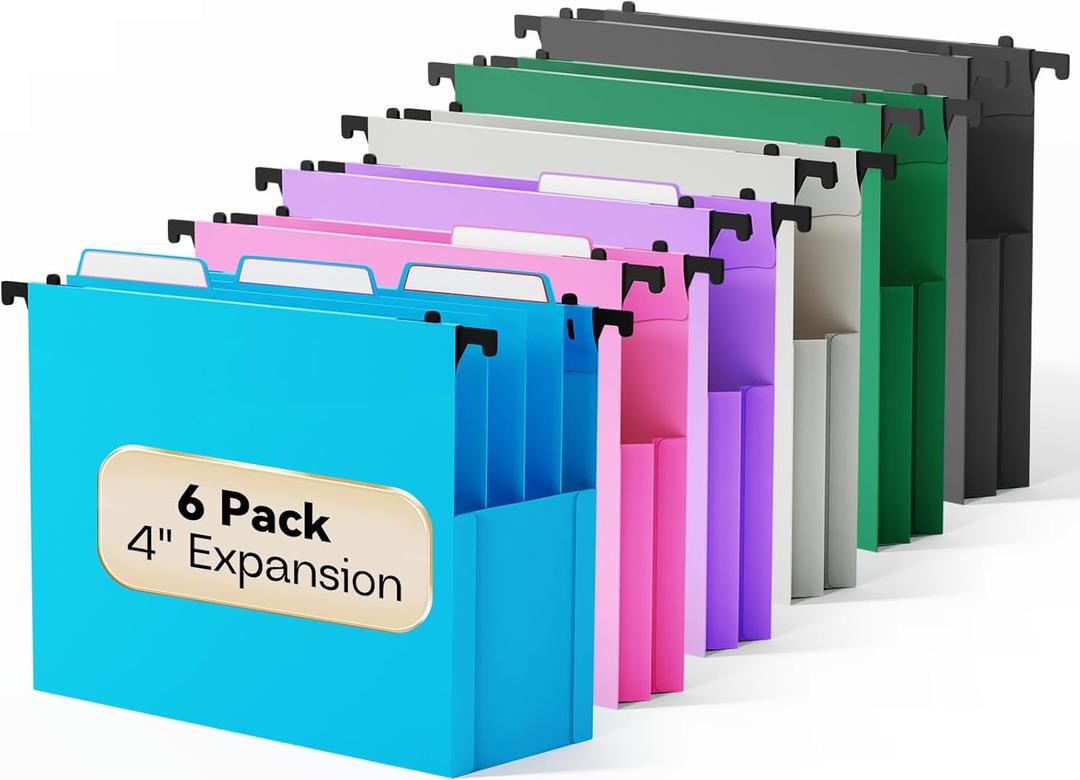 Plastic Extra Capacity Hanging File Folders,6 Pack Heavy Duty 4" Expanding Pocket with Movable Dividers,Large Hanging Folders,Letter Size Filing Cabinet,Adjustable Tabs,for Bulky Files,Colorful (Assorted Color)