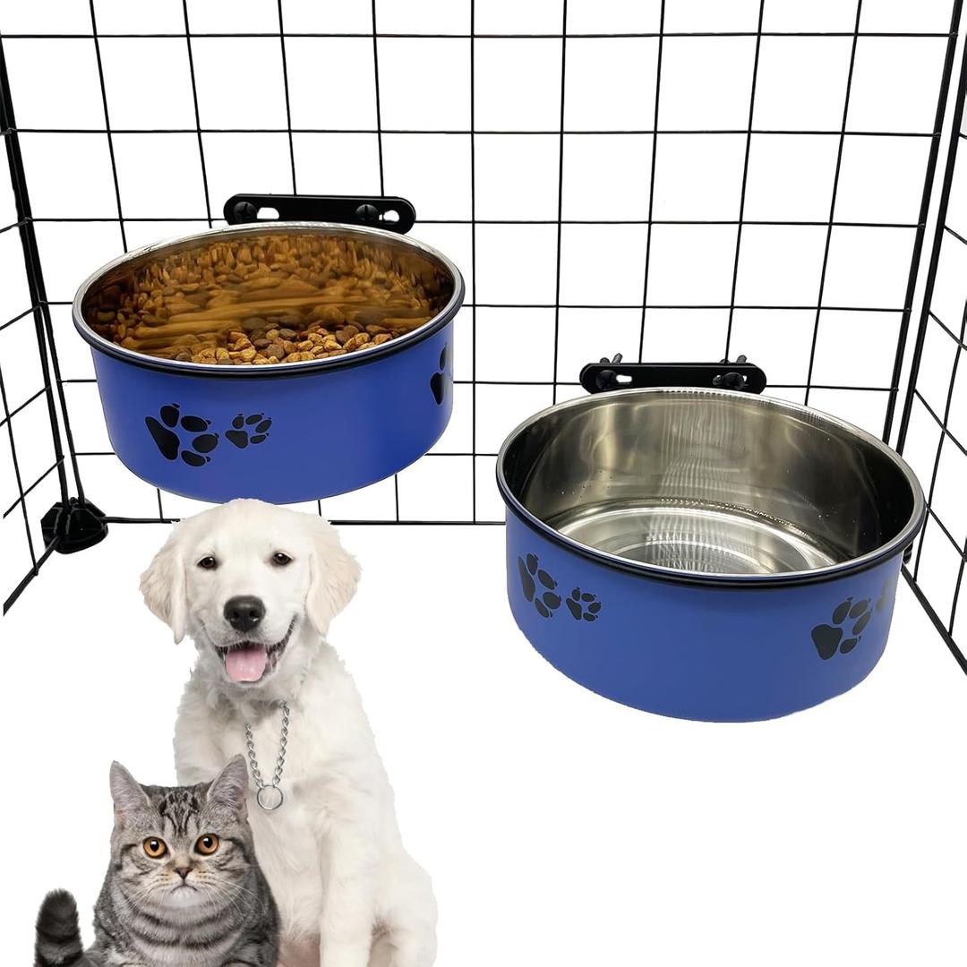 Dog Crate Food and Water Bowl 2Pcs Small Pet Hanging Kennel Removable Dish Feeding Cup with Holder for Medium Large Size Cat Puppy (Blue, 5.5''X2.3''&6.3X2.5'')