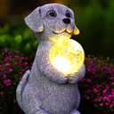 Dog Garden Statues - 8.4 Dog Decor with Gazing Ball LED Lights, Unique Gifts for Mom Grandma Birthdays, Outdoor Decor for Outside Lawn Porch Patio (Gray)