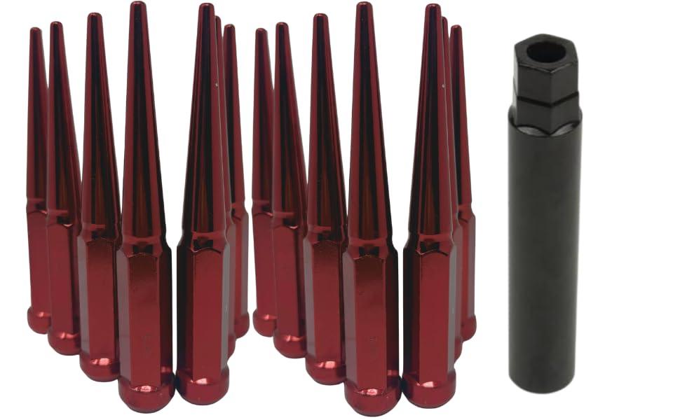 32Pcs Spike Lug Nuts 1/2"-20 Red  6" Tall Spiked Lug Nuts Set for Aftermarket Wheels with Lock Included Fits Most Cars, Trucks & SUVs Spiked Super Long Red Wheel Lugs