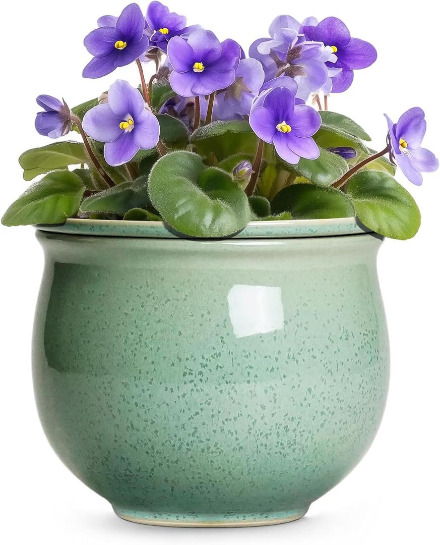 Ceramic Self Watering Planter, 8 Inch African Violet Pots, Green