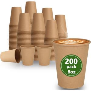 200 Pack 8 Oz Brown Disposable Paper Coffee Cups, Durable Leak-Proof Kraft Paper Cups for Hot/Cold Drinks, Unbleached Paper Cups for Home, Office, Party, Cafes, Events