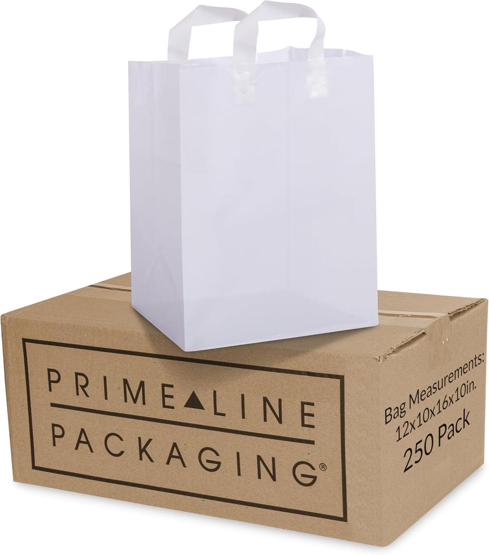 Prime Line Packaging White Plastic Bags, Shopping Gift Bags with Handles for Small Business, Grocery, Food Service, Take Out, Delivery, Retail, Bulk, 12x10x16, 250 Pack