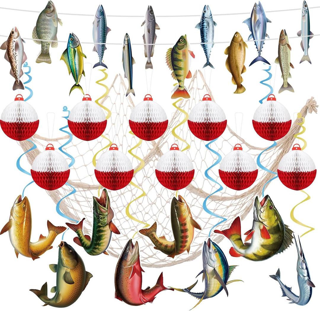 Gone Fishing Party Decorations Fish Decorations Fishing Party Banner Fishing Bobber Honeycomb Balls Fish Hanging Swirls Cotton Fish Net Decorations Fishing Theme Birthday Party Supplies