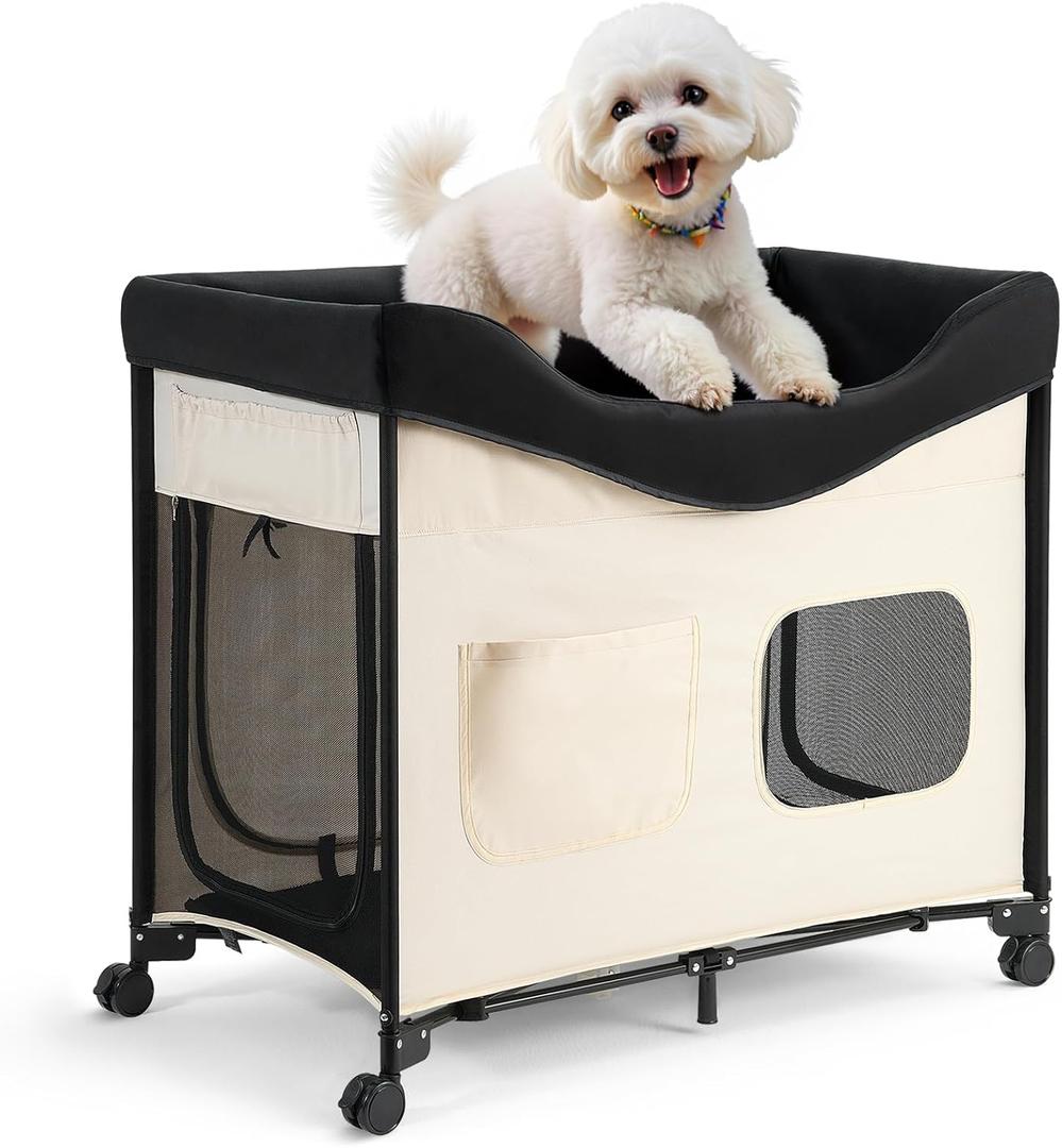 VEVOR Bedside Lounge Pet Bed, Foldable Bunk Dog Bed with 600D Oxford Cloth and Dutch Velvet, Portable Raised Cot with Wheels, Side Storage Bags, and Carry Bag for Cats & Dogs, L, Beige