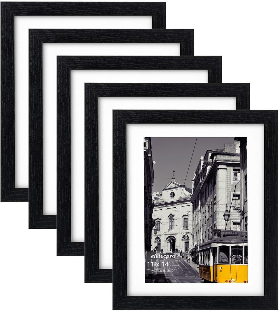 eletecpro 11x14 Picture Frames Set of 5 with Clear Acrylic Cover, Gallery Wall Decor, Displays 8x10 Photos with Mat or 11x14 Without, Horizontal or Vertical Wall Mount, Black