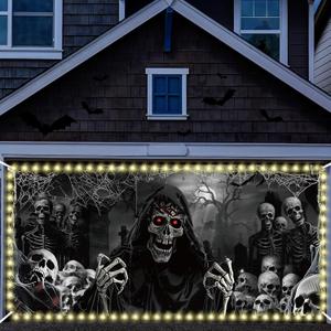 Preboun Halloween Garage Door Banner Cover with Grommets 6 x 13 ft Halloween Decorations Set Scary Skeleton Creepy Garage Door Decorations for Garage