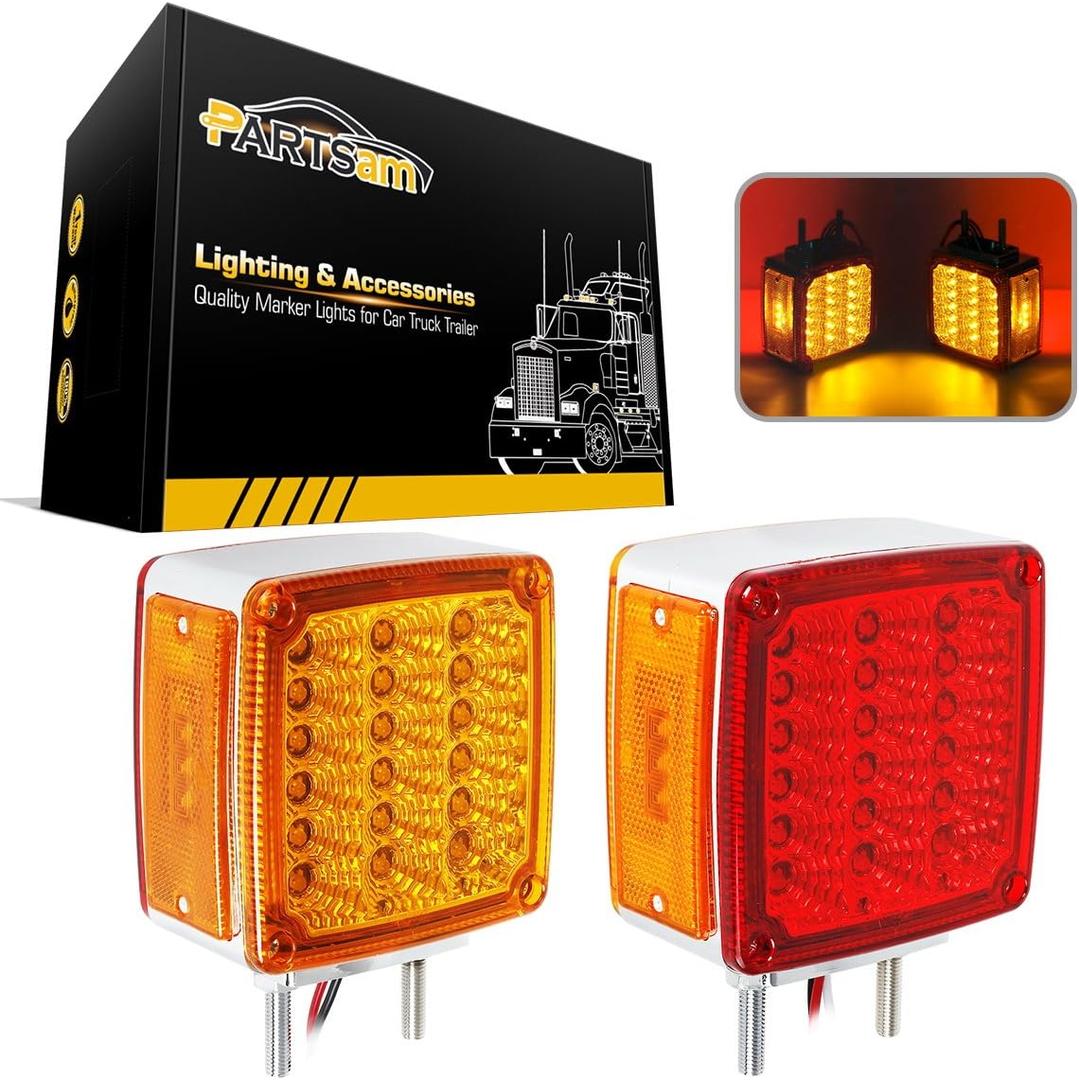 Partsam 2x Truck Trailer Square Double Face Pedestal Stop Turn Tail Light Amber/Red 39 LED for Trucks