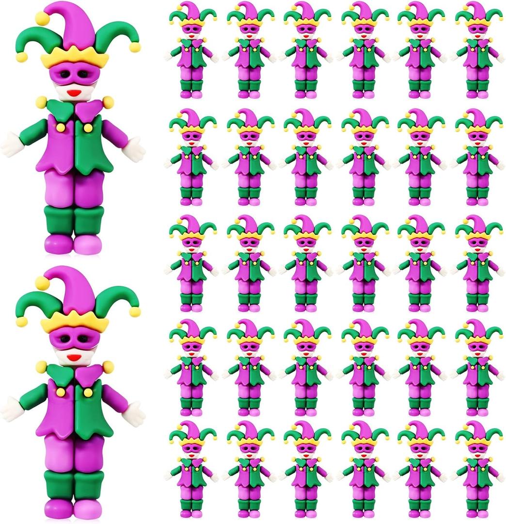 50 Pcs Mini Mardi Gras Gnomes Figurines Miniature Mardi Gras Gnomes Figures Decorations to Hide and Seek Tiny Rubber Gold Green Purple Ornament for Carnival Party Gift Craft (Clown)
