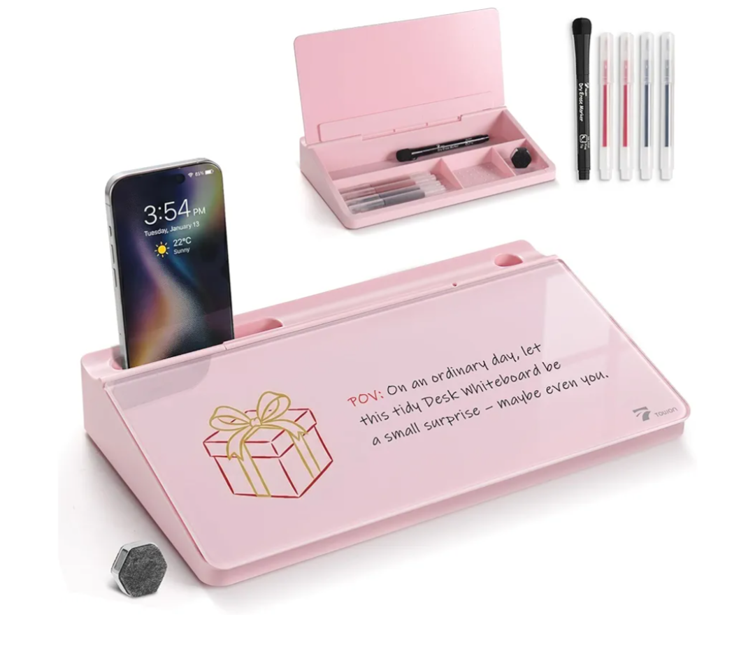 Garood, Big Compact Glass Desktop Whiteboard with Storage – 12 x 7 in Dry Erase Board for Desk, Home Office, School  Space-Saving Organizer, Aesthetic Pink