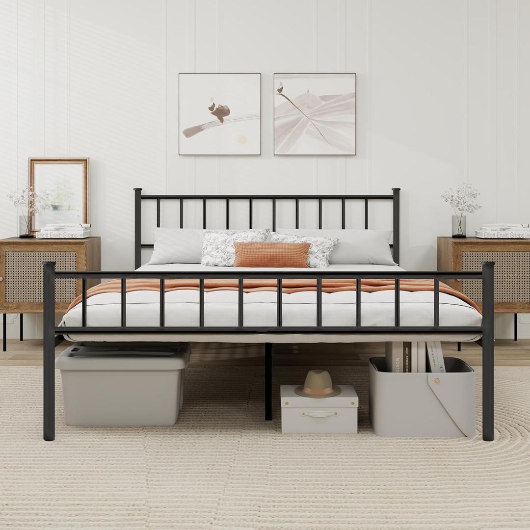 Metal Platform Queen Bed Frame with Headboard Sturdy Steel Slats Support No Box Spring Needed Easy Assembly Black.