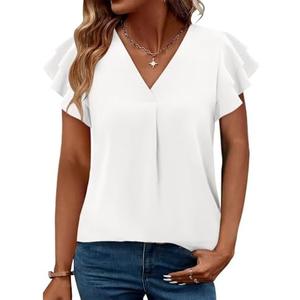 Magritta Womens Tops Dressy Casual Short Sleeve Pleated Tshirt 2025 Summer Loose Fitting Blouse Fashion V Neck Business Shirt L